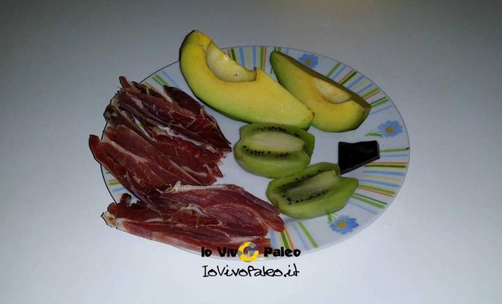 Colazione Paleo con Prosciutto Avocado Kiwi e Cioccolato